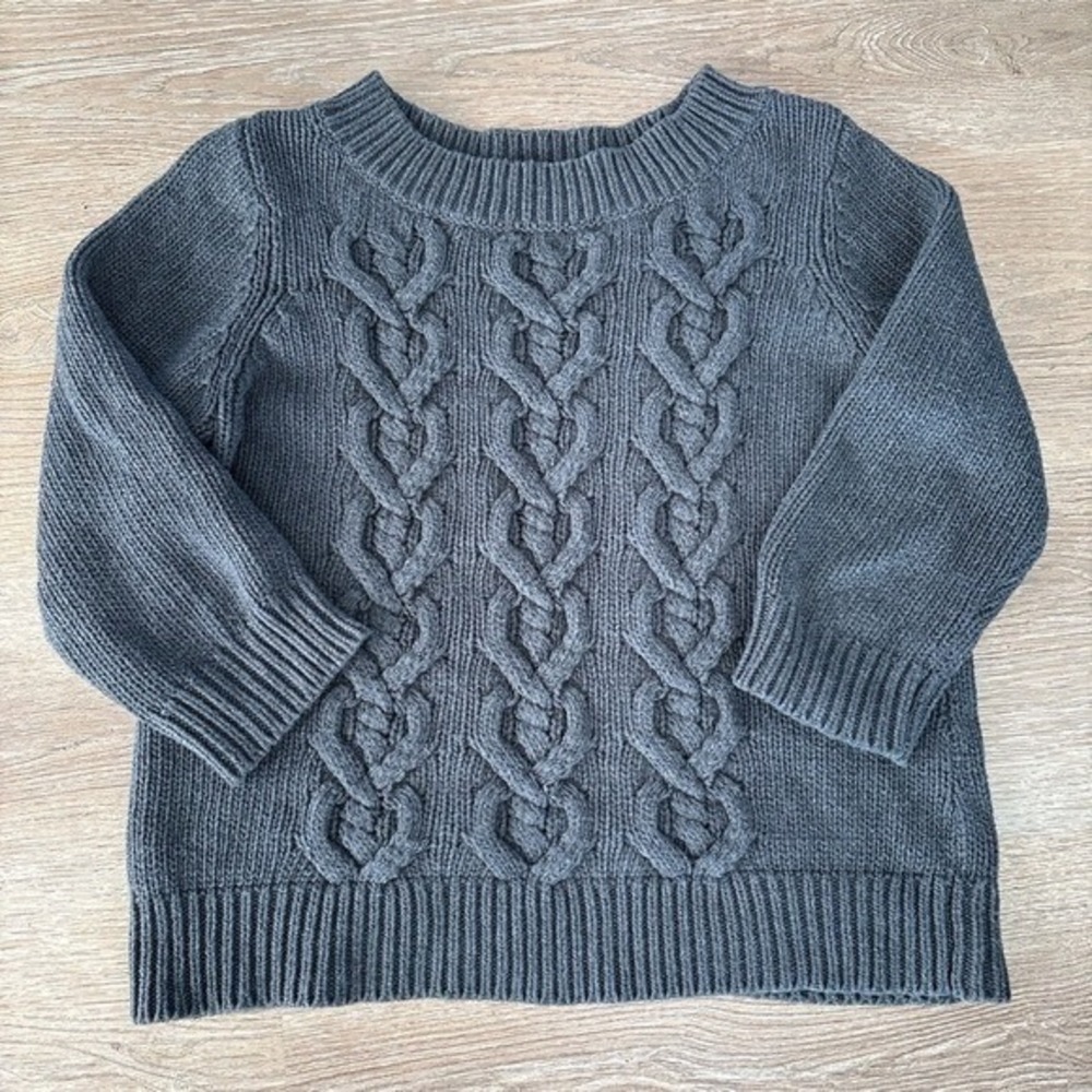 Talbots Gray Cable Knit Cropped Sweater Boxy Wide Neck 3/4 Sleeve Women's L